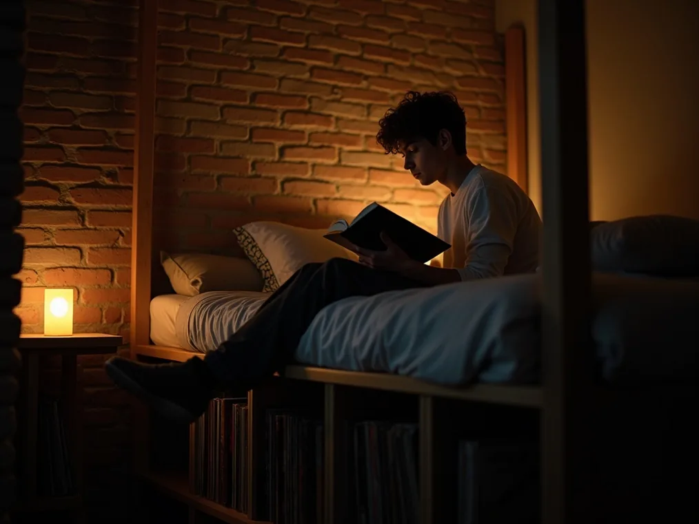 Cozy evening scene of young man reading a book on upper platform of loft bed