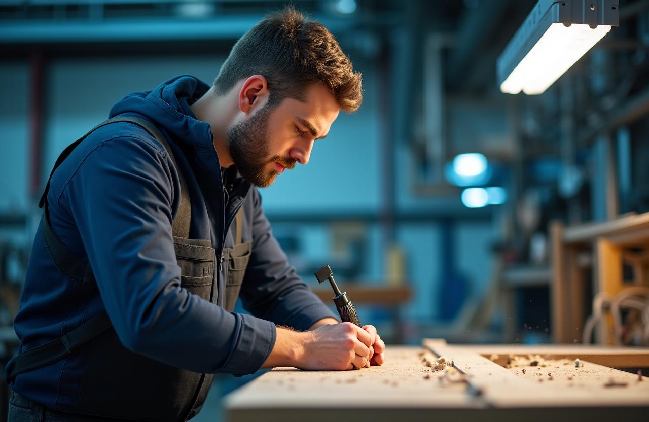 Stolarz pracujący nad detalami nowoczesnej szafy w warsztacie Archipelag Mebli