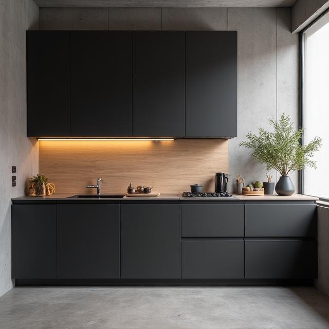 Nowoczesna czarna kuchnia z drewnianymi akcentami