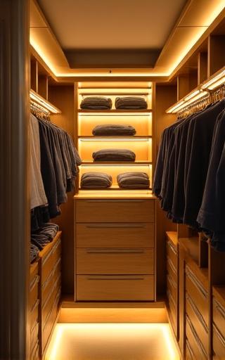 Wysoka zabudowa garderoby z oświetleniem LED