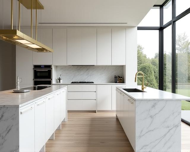 Luksusowa biała kuchnia z frontami na wymiar w nowoczesnym apartamentowcu